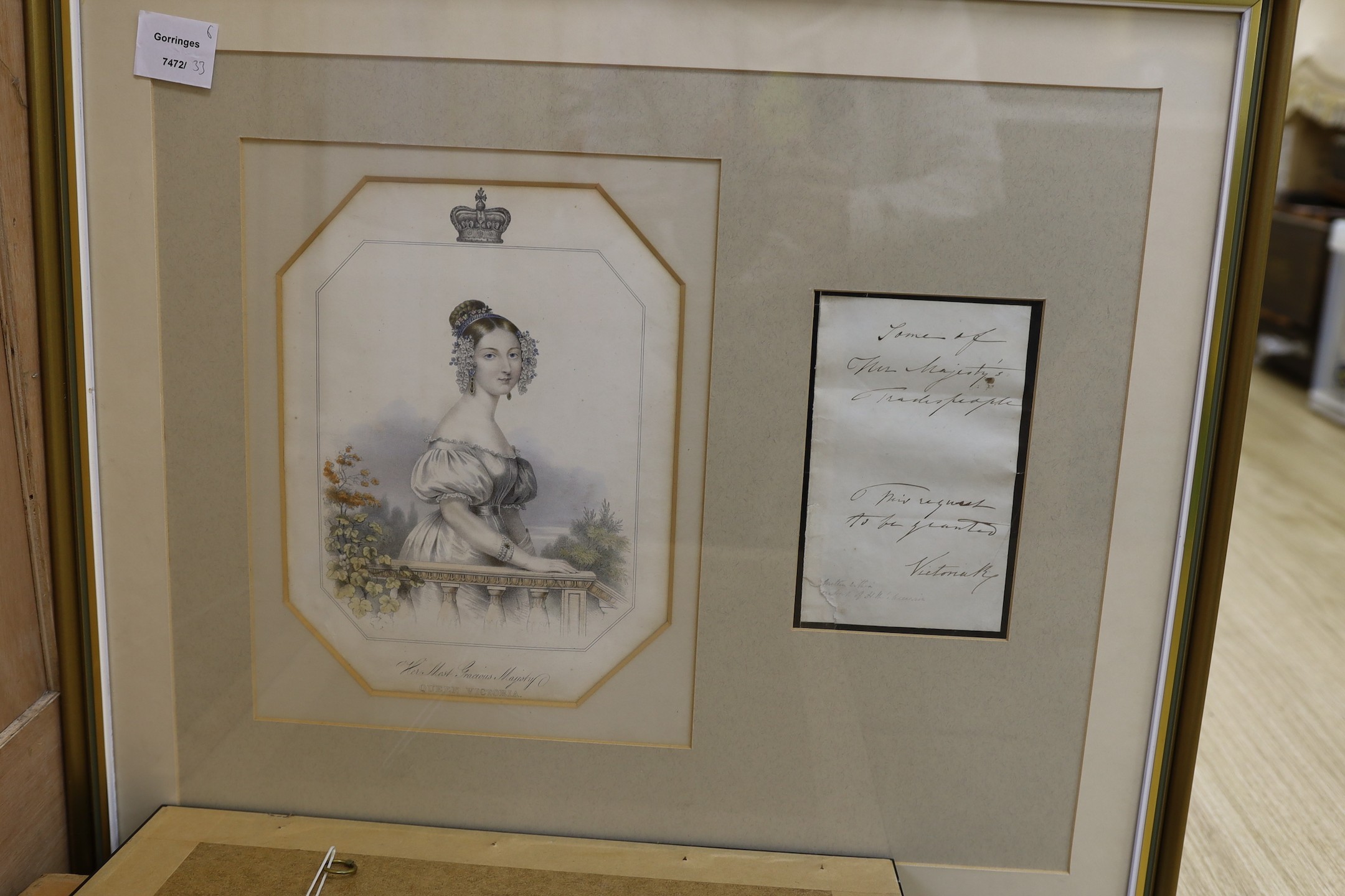 Six framed Royal Interest photographs etc, to include a signature by Queen Victoria